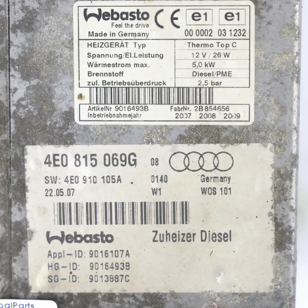 Audi A8 D3 Webasto Auxiliary Water Heater Pump Unit 3.0 TDi Quattro - SKU 4E0815069G - Part number 4E0815069G