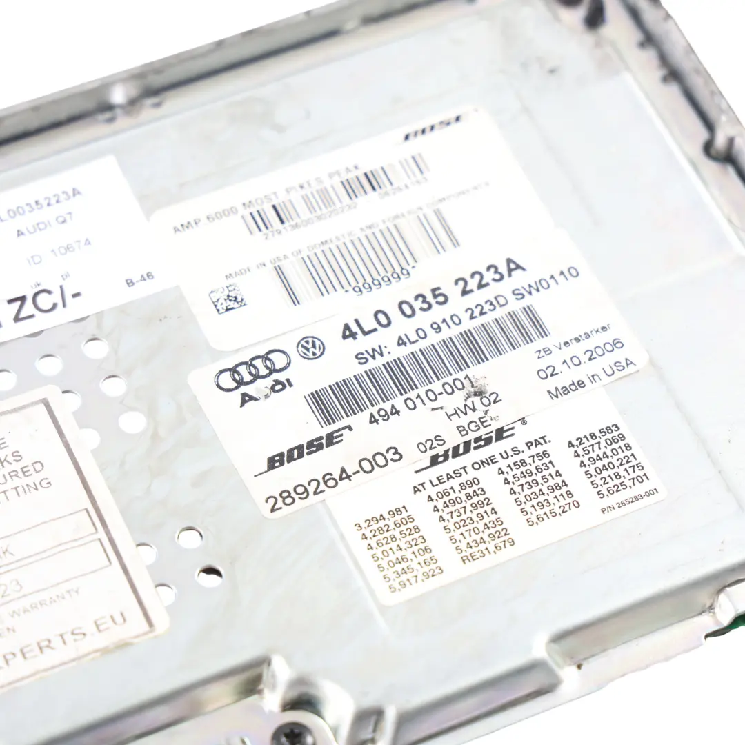 Módulo Amplificador Sistema Sonido Bose 3.0 TDI para Audi Q7 4L con número de pieza 4L0035223A Audi Q7 4L Módulo Amplificador Sistema Sonido Bose 3.0 TDI - SKU 4L0035223A - Número de pieza 4L0035223A