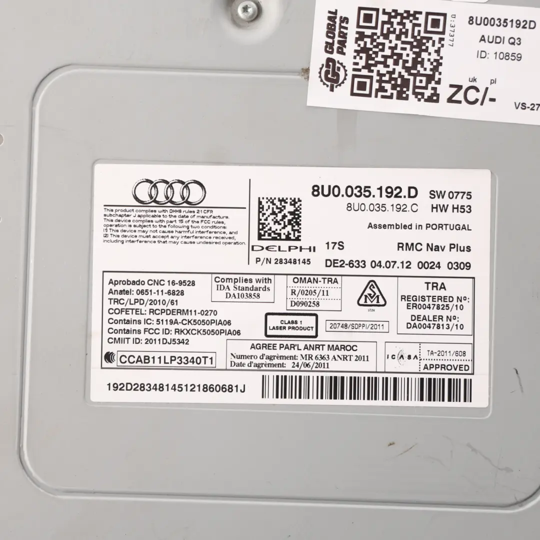 Audi Q3 8U Multimedia MMI Radio CD Sat Nav Head Unit Module ECU - SKU 8U0035192D - Part number 8U0035192D