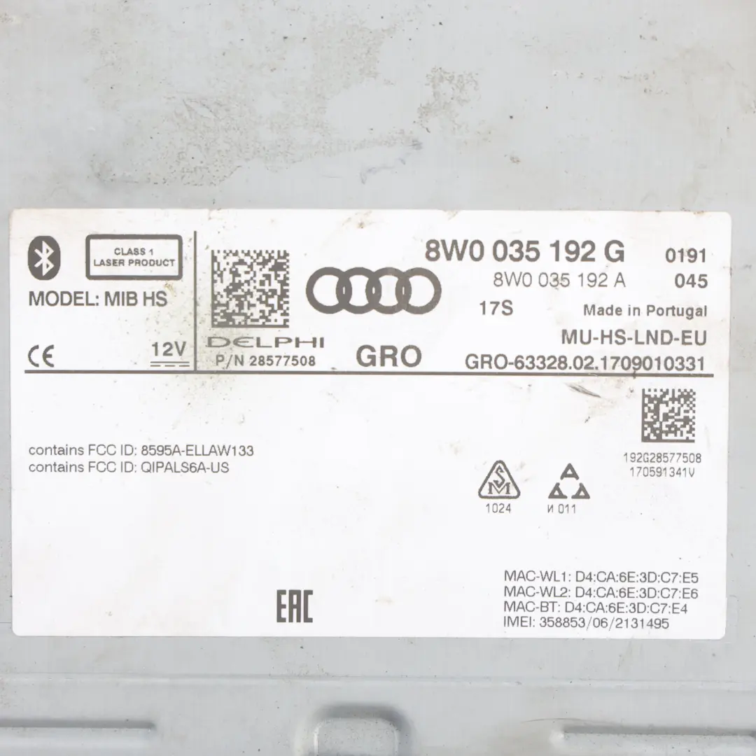 Audi A4 B9 Navigation Radio CD Player Head Unit Central Computer - SKU 8W0035192G - Part number 8W0035192G