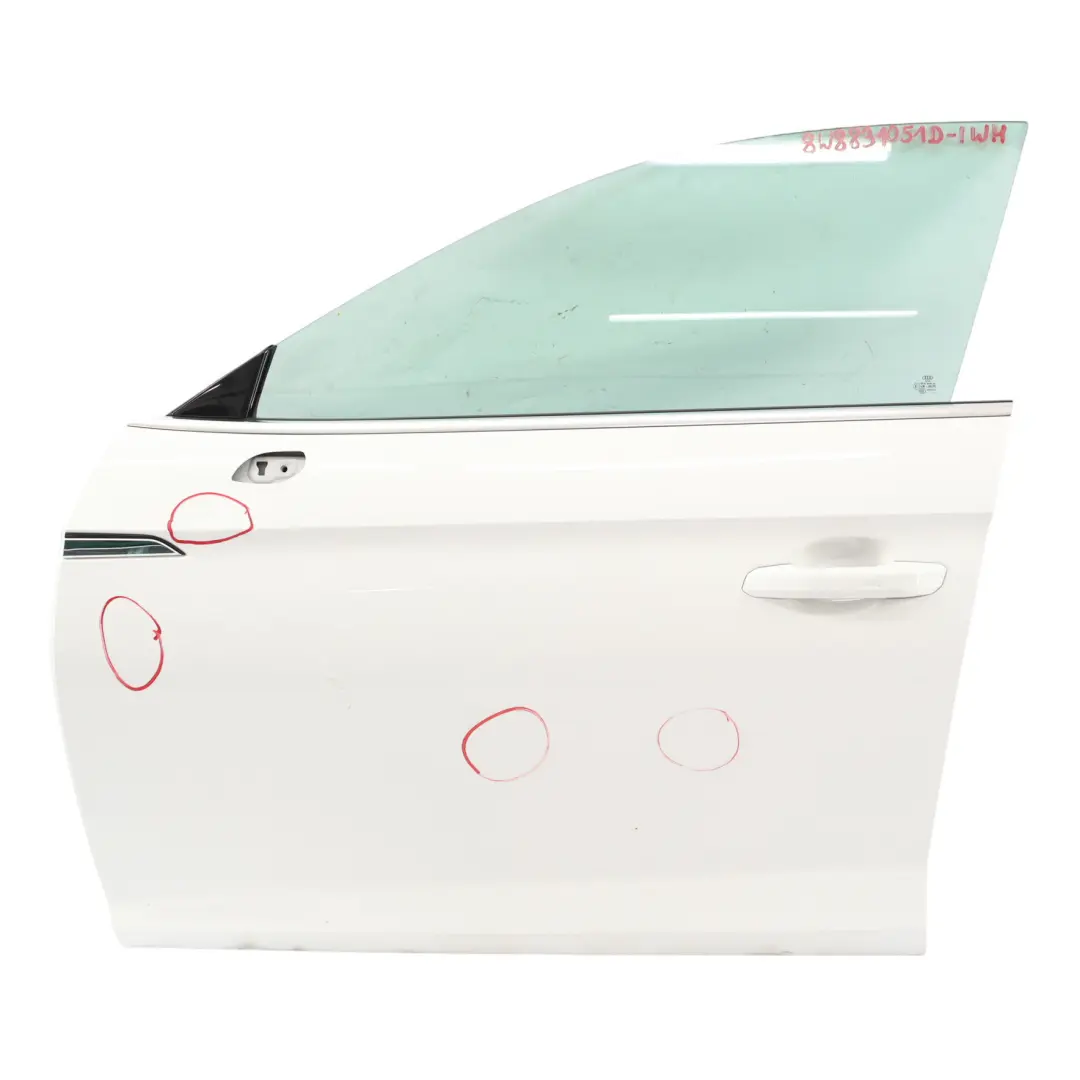 Door Front Left N/S Covering Panel Ibis White - Y9C to Audi A5 F5 with Part number 8W8831051D Audi A5 F5 Door Front Left N/S Covering Panel Ibis White - Y9C - SKU 8W8831051D-IWH - Part number 8W8831051D