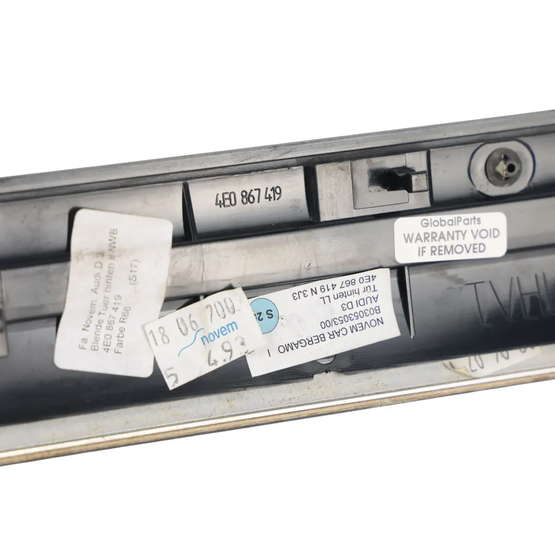 Moldura Panel Puerta Trasero Izquierdo Madera para Audi A8 D3 con número de pieza 4E0867419N Audi A8 D3 Moldura Panel Puerta Trasero Izquierdo Madera - SKU 4E0867419N - Número de pieza 4E0867419N