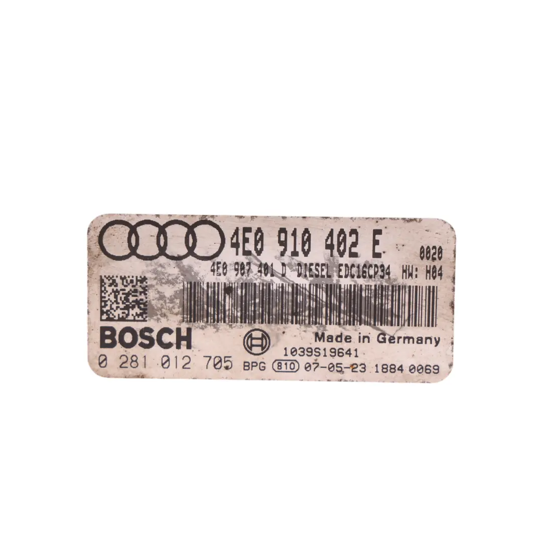 Control Unit ECU 232HP 3.0 Diesel ASB Automatic to Audi A8 D3 Engine with Part number 4E0910402E Audi A8 D3 Engine Control Unit ECU 232HP 3.0 Diesel ASB Automatic - SKU 4E0910402E - Part number 4E0910402E