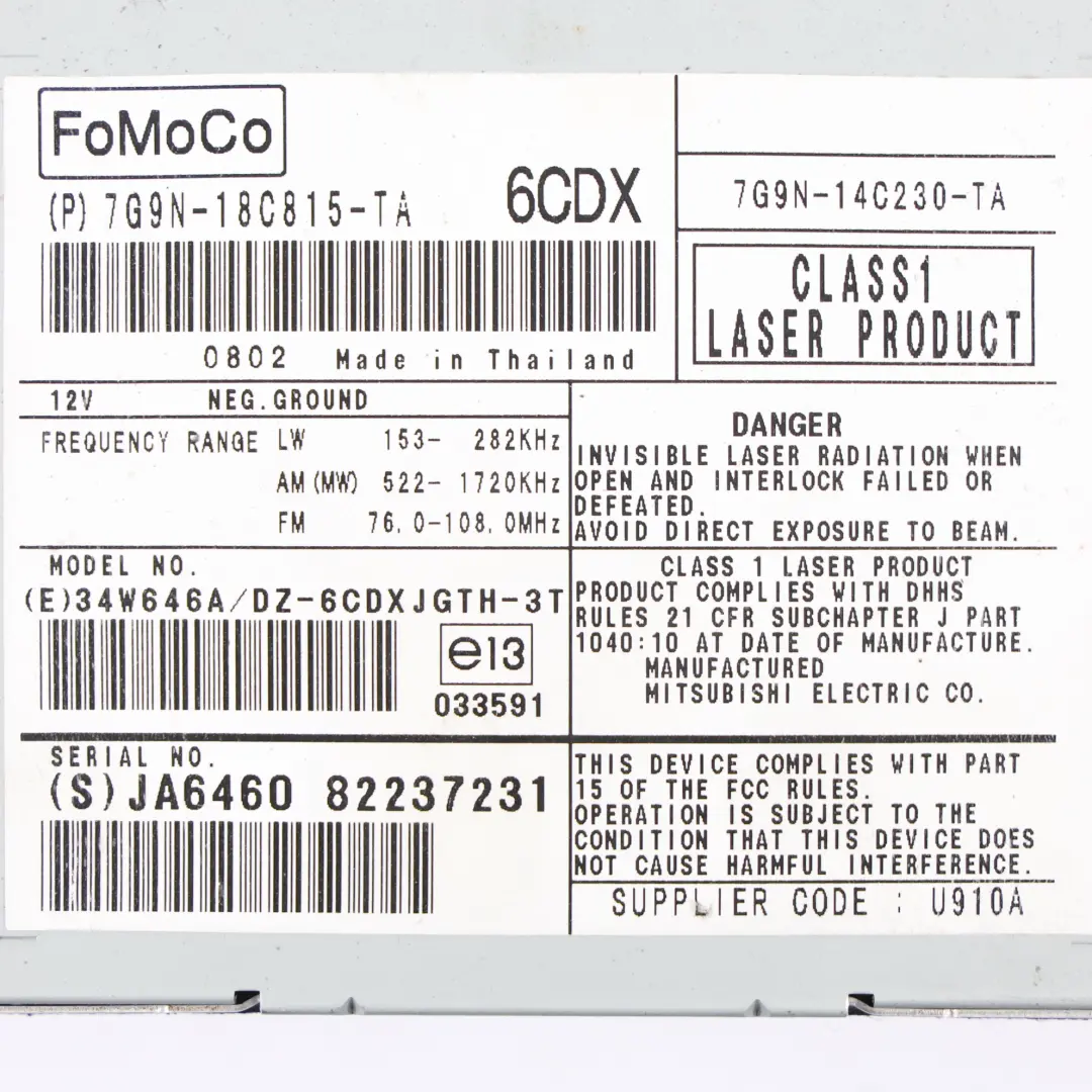 Land Rover Freelander 2 L359 Autoradio Lettore CD - SKU 7G9N-18C815-TA - Numero di parte 7G9N-18C815-TA