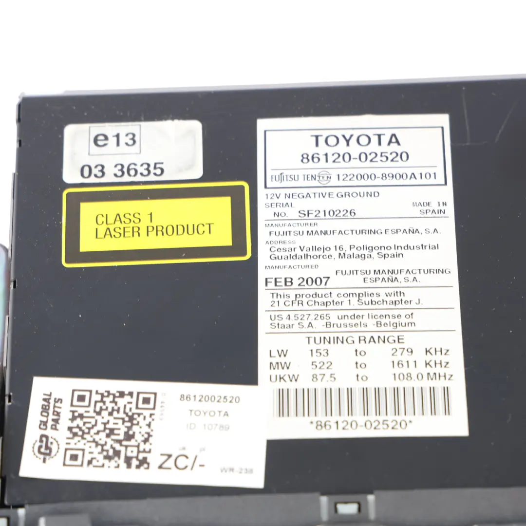Toyota Auris Mk1 E15 Radio Odtwarzacz CD Moduł Sterujący 86120-02520 - SKU 8612002520 - Numer Części 8612002520