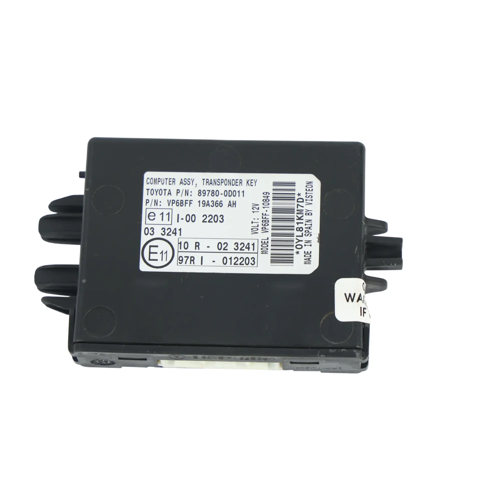 Toyota Yaris P9 Key Immobiliser Transponder Module Control Unit 89780-0D011