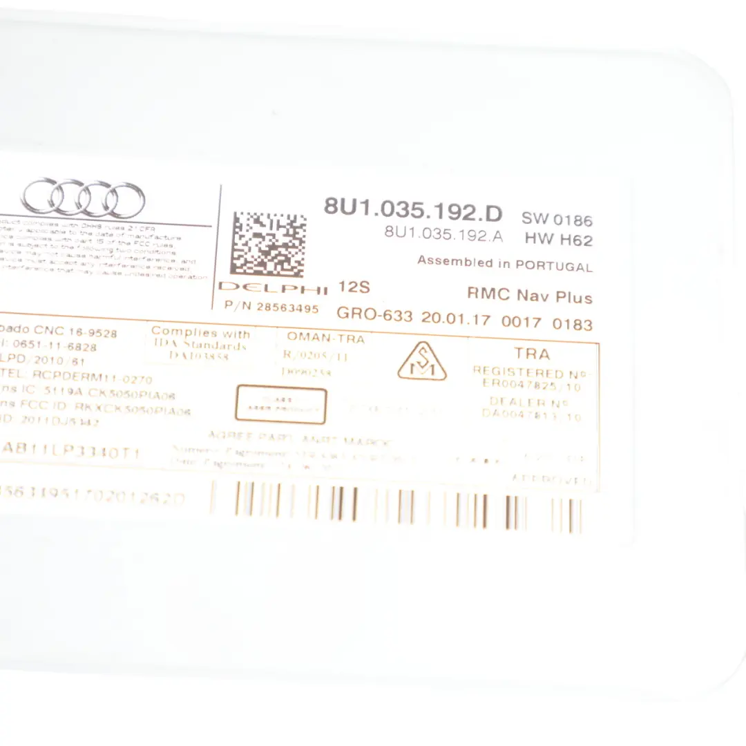 Audi Q3 8U RMC Panel de Control Multimedia Radio Sat Nav SD Card - SKU 8U1035192D - Número de pieza 8U1035192D