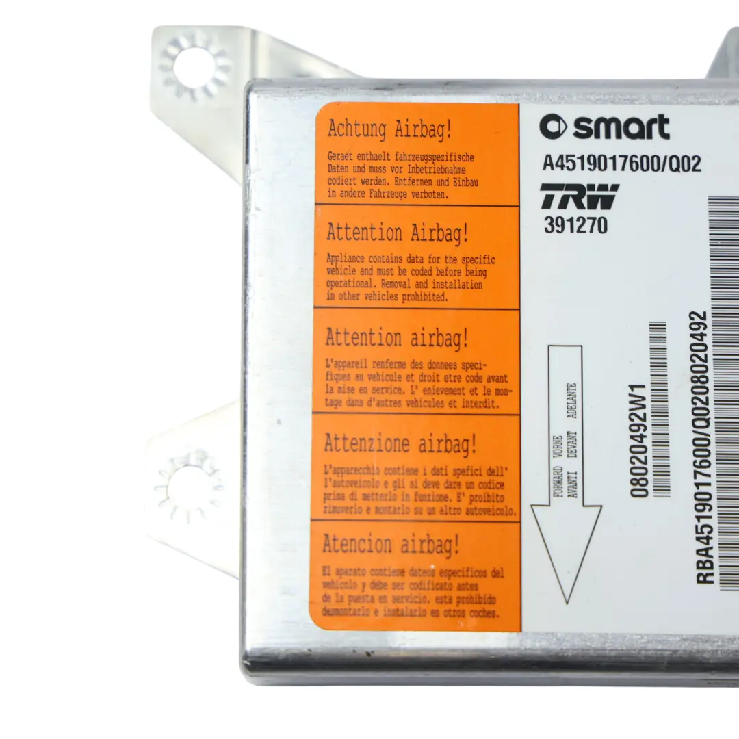 Bag Control Module Unit ECU to Smart Fortwo 451 Air with Part number A4519017600 Smart Fortwo 451 Air Bag Control Module Unit ECU - SKU A4519017600 - Part number A4519017600