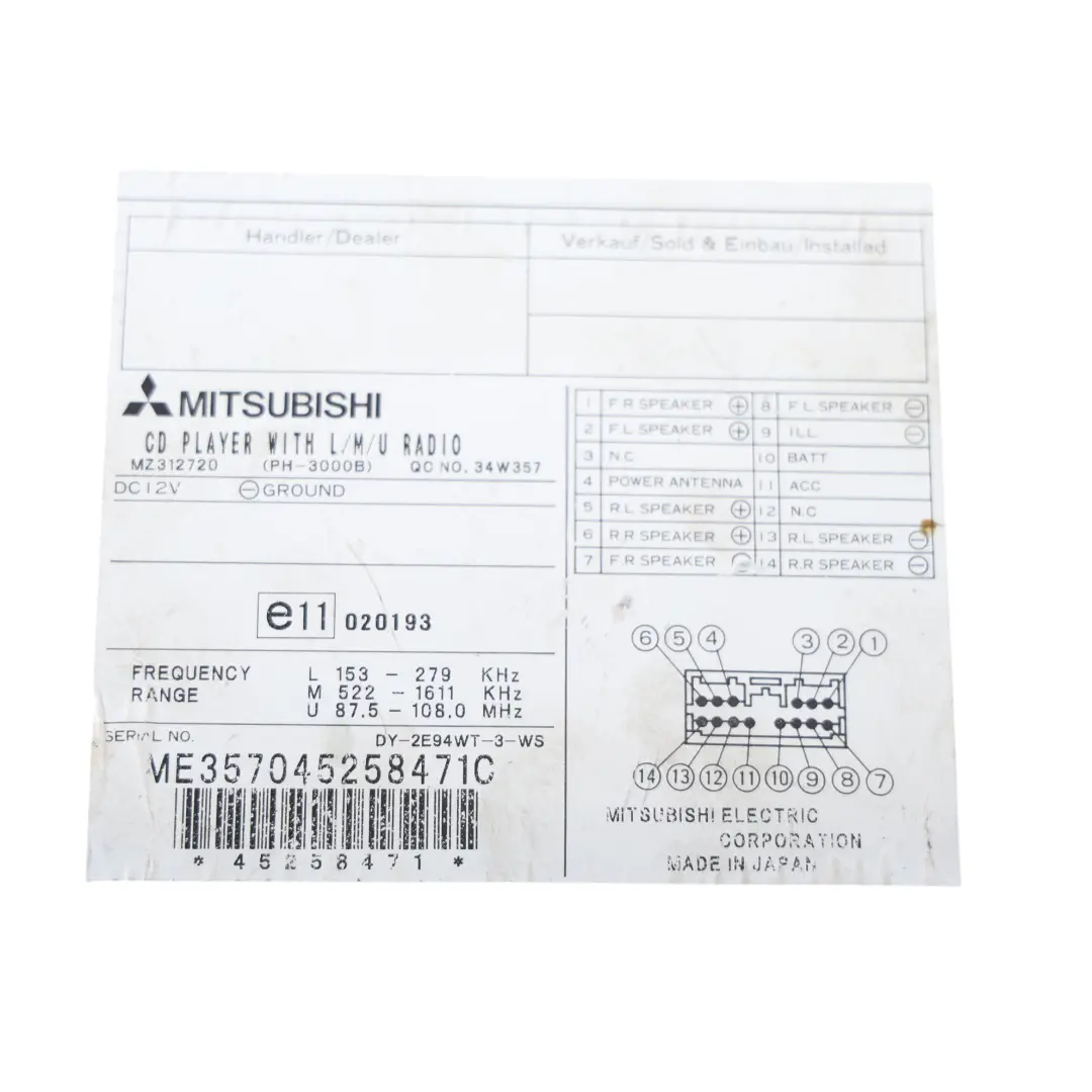 Mitsubishi Shogun CD Player Radio Multimedia Head Unit - SKU MZ312720 - Part number MZ312720