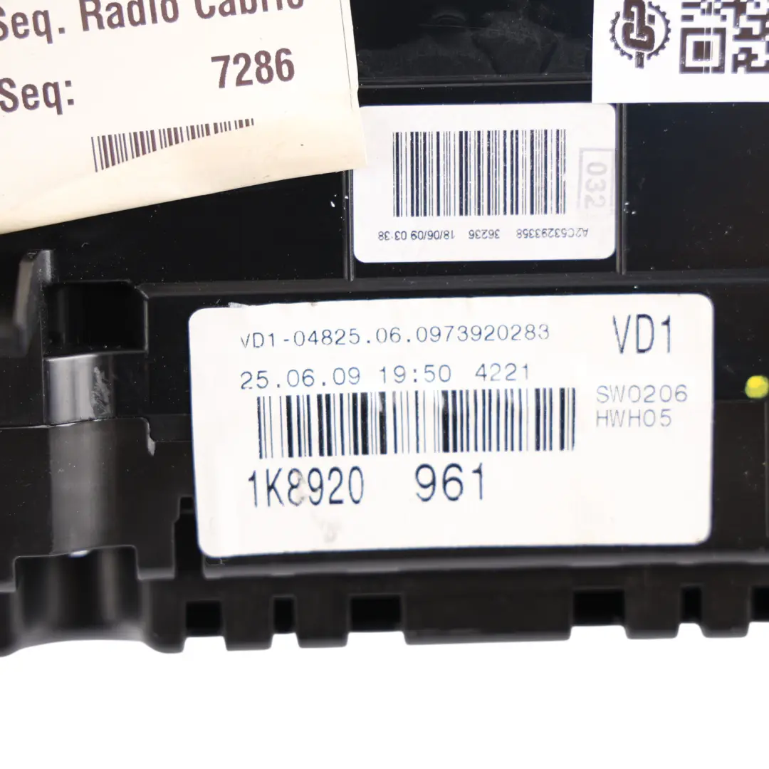 Mk3 Instrument Cluster Speedo Clocks Petrol Automatic to VW Scirocco with Part number 1K8920961 VW Scirocco Mk3 Instrument Cluster Speedo Clocks Petrol Automatic - SKU RHD-1K8920961 - Part number 1K8920961