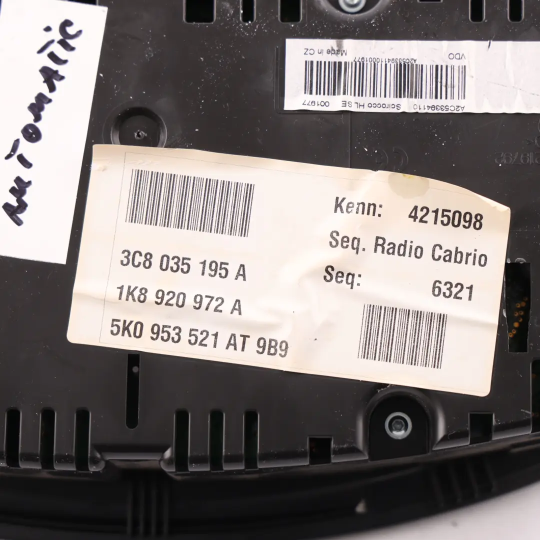 Mk3 Speedo Instrument Cluster Diesel Automatic to Volkswagen Scirocco with Part number 1K8920972A Volkswagen Scirocco Mk3 Speedo Instrument Cluster Diesel Automatic - SKU RHD-1K8920972A - Part number 1K8920972A