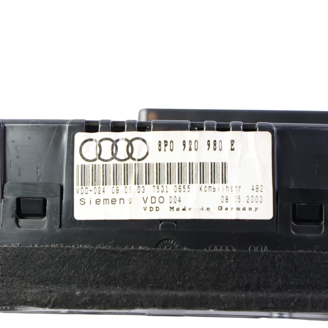 Instrument Cluster Speedometer Clock Speedo Petrol Manual to Audi A3 8P with Part number 8P0920980E Audi A3 8P Instrument Cluster Speedometer Clock Speedo Petrol Manual - SKU RHD-8P0920980E - Part number 8P0920980E