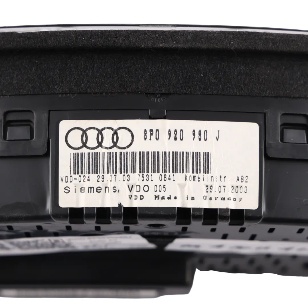 Audi A3 8P Instrument Cluster Speedometer Clocks Petrol Manual - SKU RHD-8P0920980J - Part number 8P0920980J
