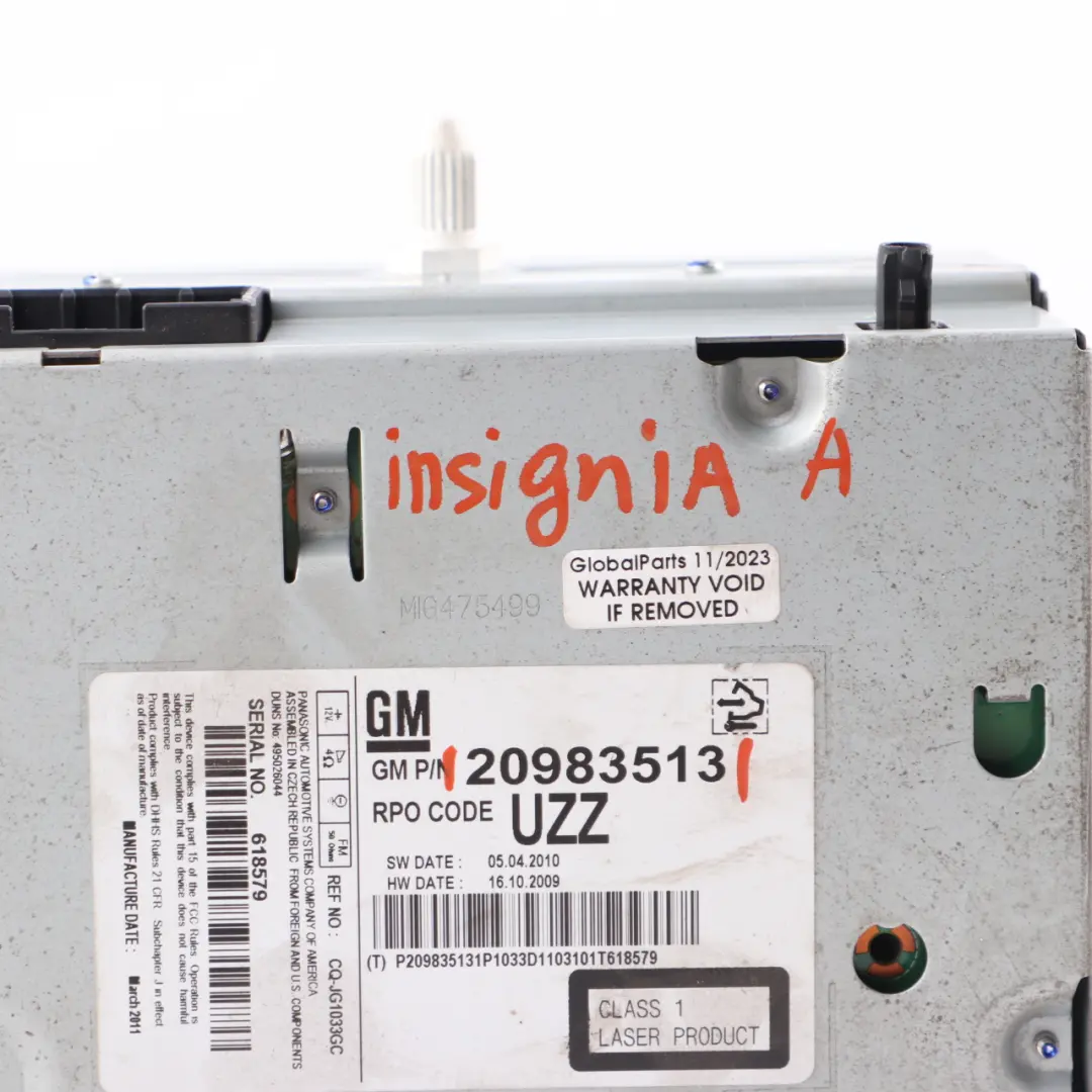 Player Radio Stereo Head Unit to Vauxhall Astra J Insignia A CD with Part number 20983513 Vauxhall Astra J Insignia A CD Player Radio Stereo Head Unit - SKU 20983513 - Part number 20983513