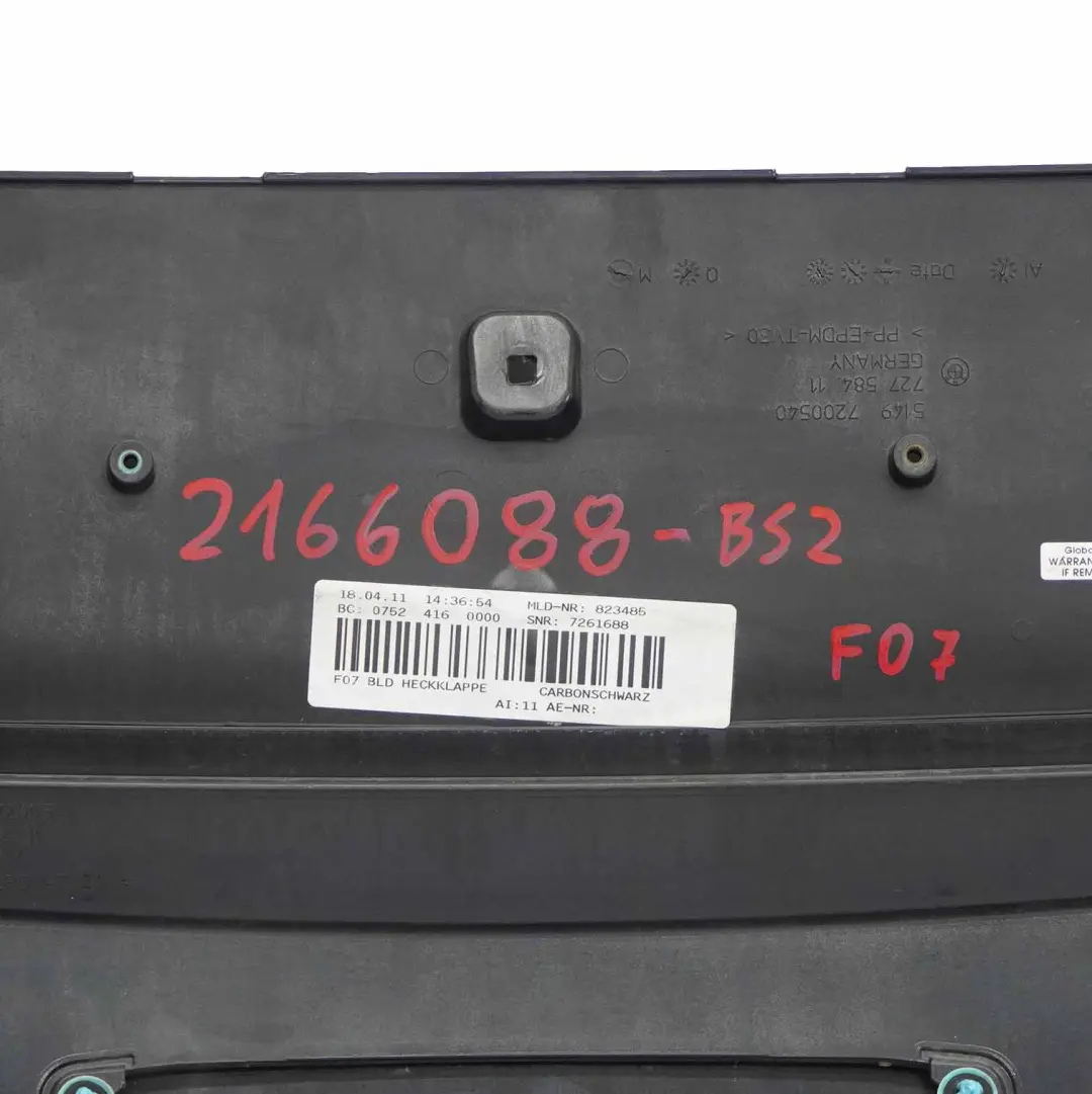 Boot Trunk Lid Tailgate Finisher Trim Panel Cover Black Sapphire - 475 to BMW F07 with Part number 2166088 BMW F07 Boot Trunk Lid Tailgate Finisher Trim Panel Cover Black Sapphire - 475 - SKU 2166088-BS2 - Part number 2166088