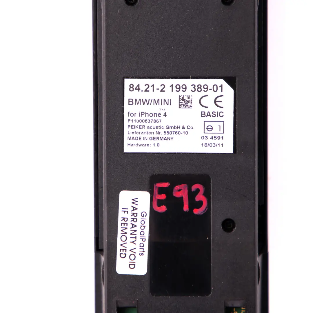 Snap-in Adapter Basic Telephone Iphone 4 4S to BMW 1 3 5 E60 E81 E87 E90 F20 F30 with Part number 2199389 BMW 1 3 5 E60 E81 E87 E90 F20 F30 Snap-in Adapter Basic Telephone Iphone 4 4S - SKU 2199389 - Part number 2199389