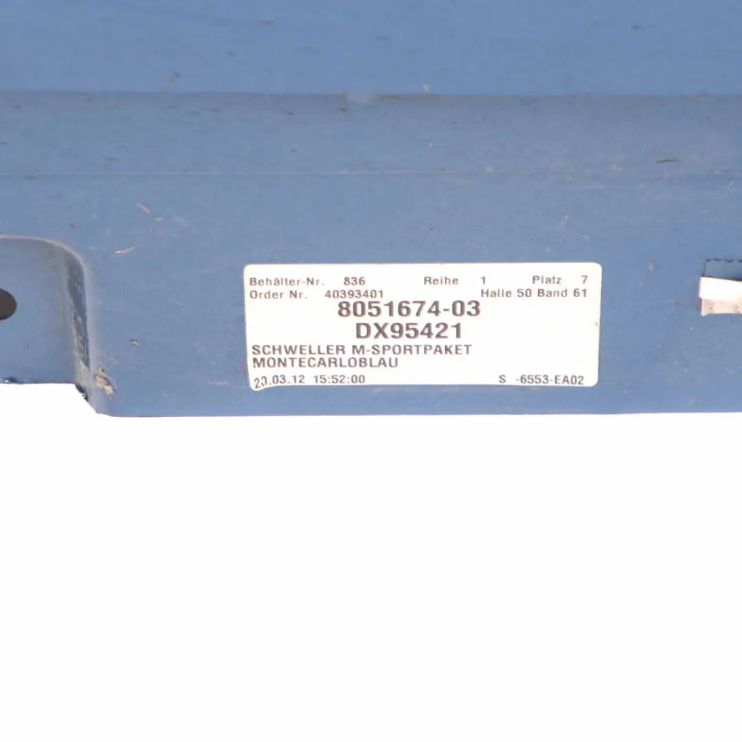 Side Skirt M5 M Sport Door Sill Cover Right O/S Monte Carlo Blue - B05 to BMW F10 with Part number 2298068 BMW F10 Side Skirt M5 M Sport Door Sill Cover Right O/S Monte Carlo Blue - B05 - SKU 2298068-MCB - Part number 2298068