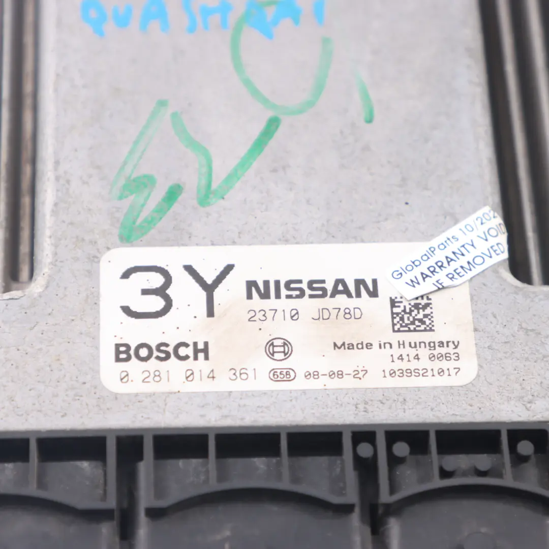Nissan Qashqai Unidad Control del Motor Diesel Módulo ECU 23710 JD78D 0281014361 - SKU 23710JD78D - Número de pieza 23710JD78D