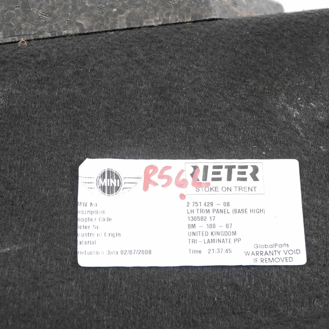 Cubremaletero Trasero Izquierdo Cubremaletero Lateral para Mini R56 con número de pieza 2751429 Mini R56 Cubremaletero Trasero Izquierdo Cubremaletero Lateral - SKU 2751429 - Número de pieza 2751429