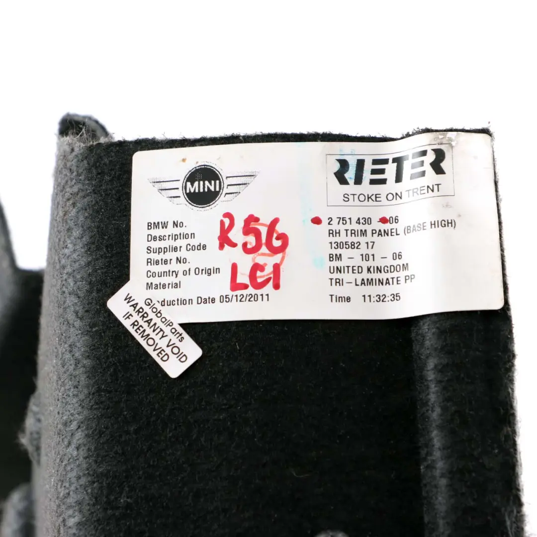 Mini Cooper One R56 LCI Rear Right O/S Boot Trunk Trim Cover Panel - SKU 2751430 - Part number 2751430