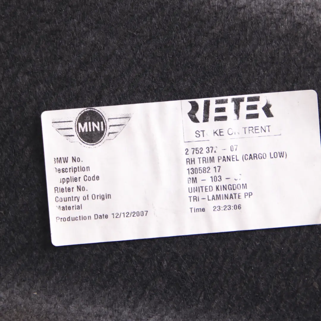 Boot Trunk Lateral Trim Right O/S Covering Panel to Mini R56 with Part number 2752372 Mini R56 Boot Trunk Lateral Trim Right O/S Covering Panel - SKU 2752372-1 - Part number 2752372