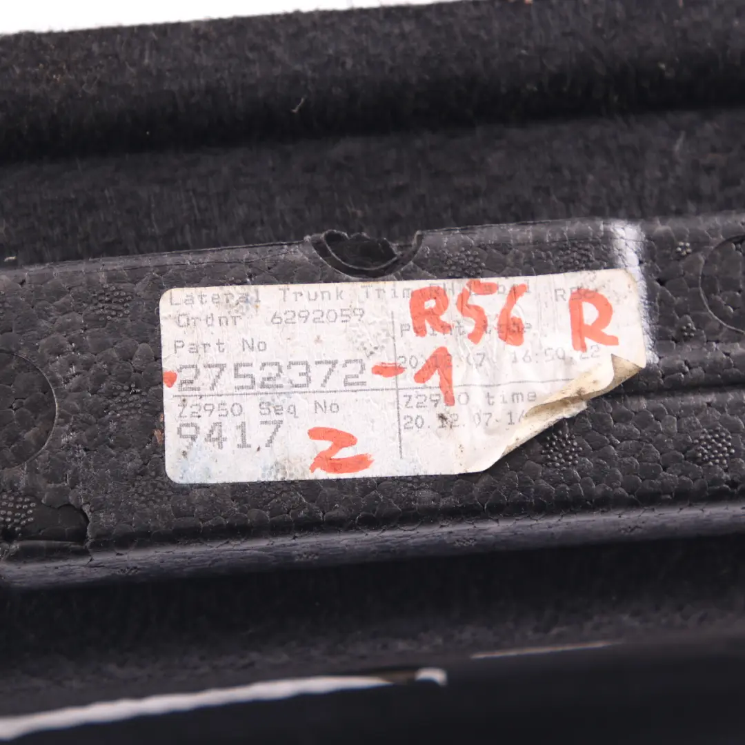 Boot Trunk Lateral Trim Right O/S Covering Panel to Mini R56 with Part number 2752372 Mini R56 Boot Trunk Lateral Trim Right O/S Covering Panel - SKU 2752372-1 - Part number 2752372
