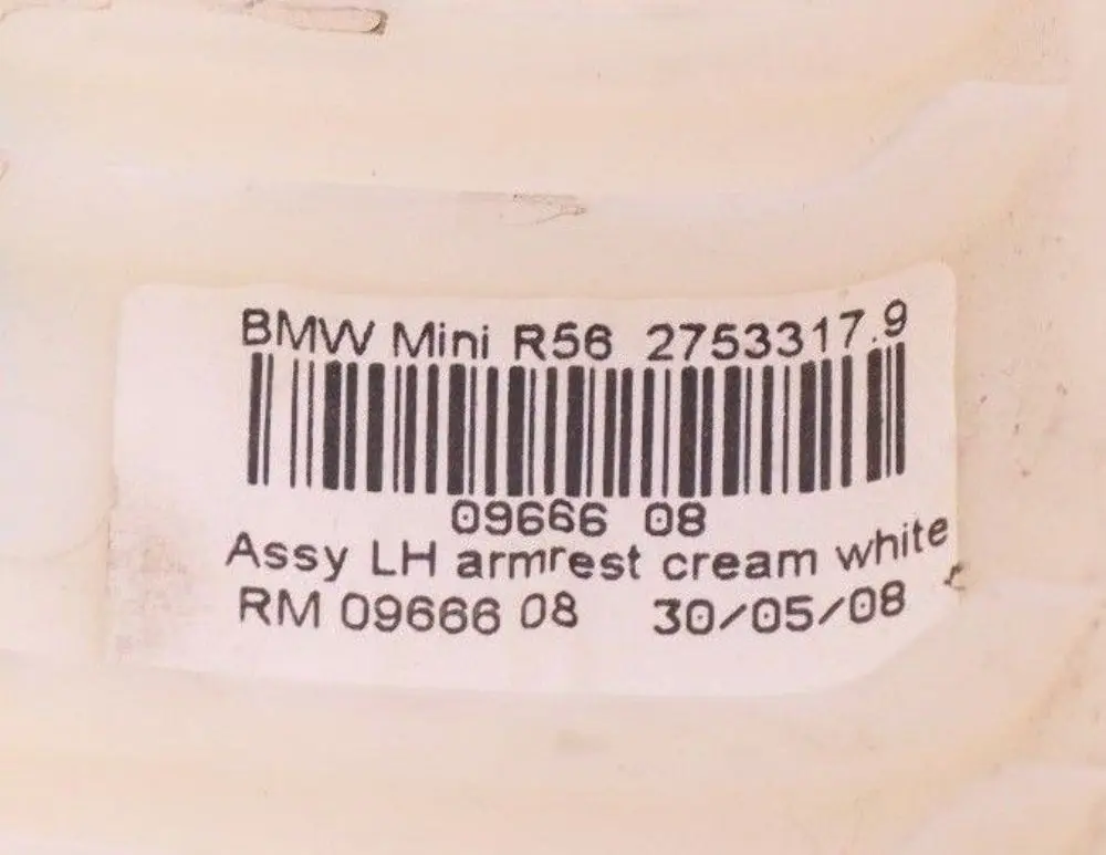 Armrest Door Trim Cover Panel N/S Cream White to Mini R55 R56 with Part number 2753317 Mini R55 R56 Armrest Door Trim Cover Panel N/S Cream White - SKU 2752473 - Part number 2753317