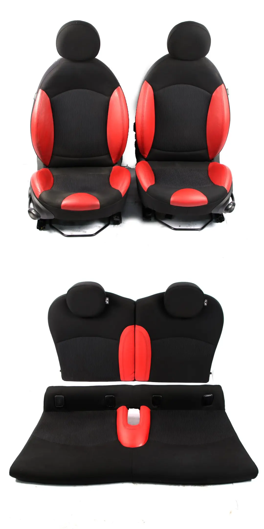 Seats Mini Cooper R56 Sport Fabric Cloth / Red Leather Front Rear Seat Set to with Part number 2753480 Seats Mini Cooper R56 Sport Fabric Cloth / Red Leather Front Rear Seat Set - SKU 2753480-1 - Part number 2753480