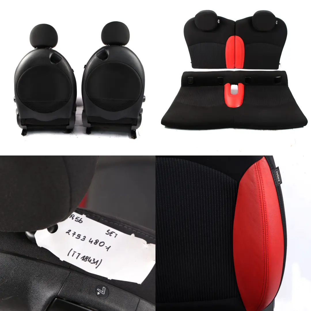 Seats Mini Cooper R56 Sport Fabric Cloth / Red Leather Front Rear Seat Set to with Part number 2753480 Seats Mini Cooper R56 Sport Fabric Cloth / Red Leather Front Rear Seat Set - SKU 2753480-1 - Part number 2753480