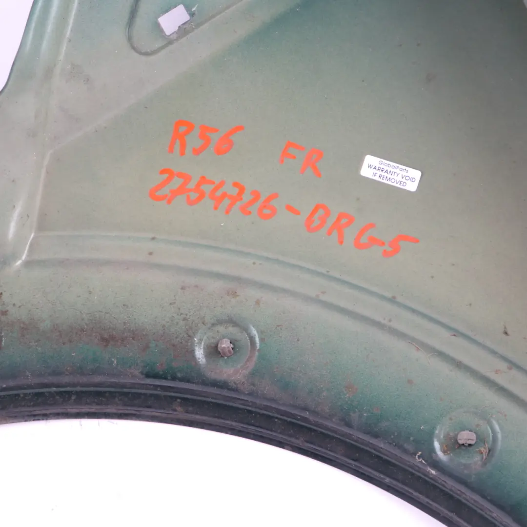 Side Wing Panel Front Right O/S R55 British Racing Green Metallic - A67 to Mini R56 with Part number 2754726 Mini R56 Side Wing Panel Front Right O/S R55 British Racing Green Metallic - A67 - SKU 2754726-BRG5 - Part number 2754726