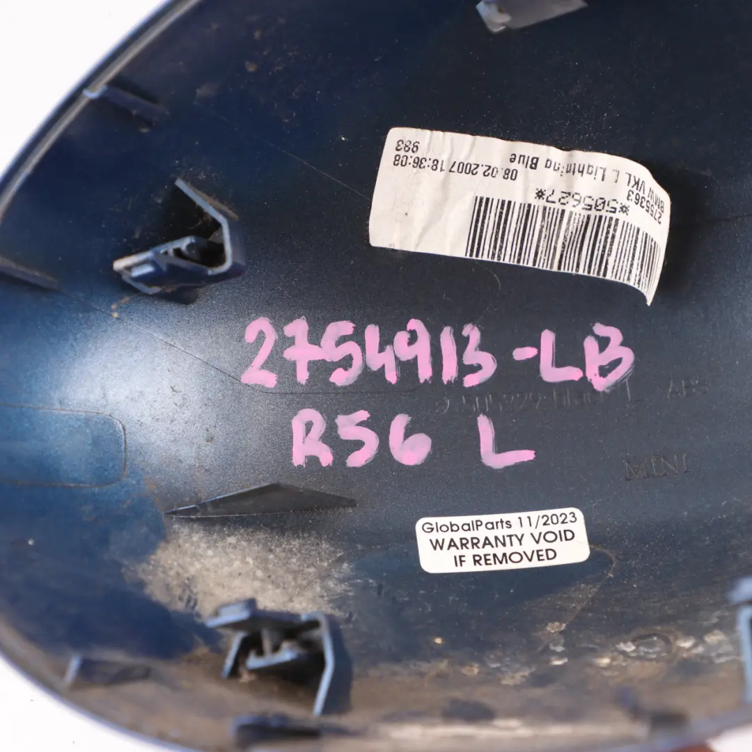 Wing Mirror Cover Mini Cooper R55 R56 Cap Casing Left N/S Lightning Blue A63 to with Part number 2754913 Wing Mirror Cover Mini Cooper R55 R56 Cap Casing Left N/S Lightning Blue A63 - SKU 2754913-LB - Part number 2754913