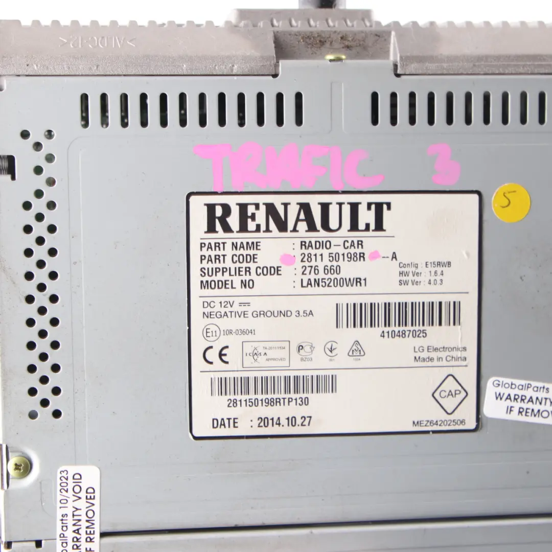 Radio Nav Head Unit Display Screen to Renault Trafic 3 Captur 1 Vivaro B with Part number 281150198R Renault Trafic 3 Captur 1 Vivaro B Radio Nav Head Unit Display Screen - SKU 281150198R - Part number 281150198R