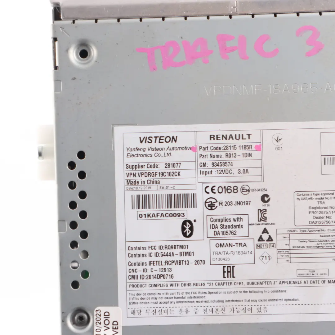 Radio Stereo Audio Head Unit to Renault Trafic 3 Vauxhall Vivaro B with Part number 281151185R Renault Trafic 3 Vauxhall Vivaro B Radio Stereo Audio Head Unit - SKU 281151185R - Part number 281151185R