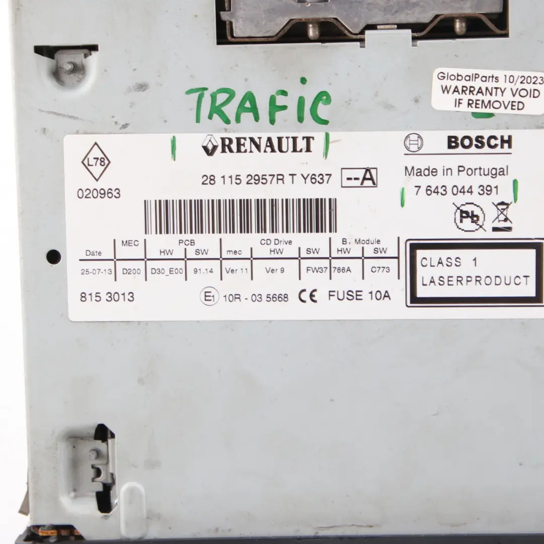 Radio Stereo Audio CD Player Head Unit to Renault Trafic Vauxhall Vivaro with Part number 281152957R Renault Trafic Vauxhall Vivaro Radio Stereo Audio CD Player Head Unit - SKU 281152957R - Part number 281152957R