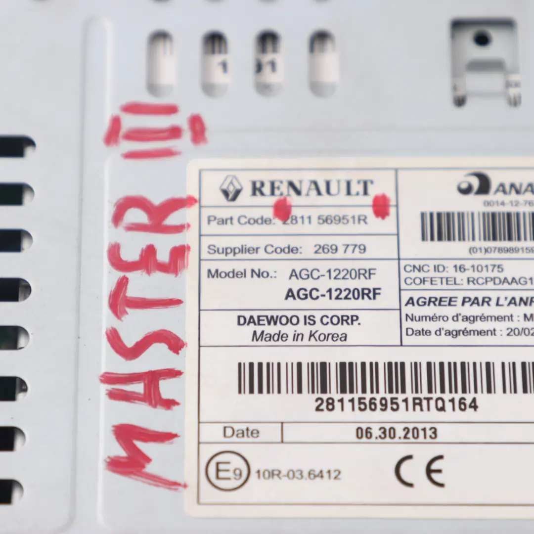 Renault Master III Radio CD Reproductor Bluetooth Unidad USB MP3 - SKU 281156951R - Número de pieza 281156951R