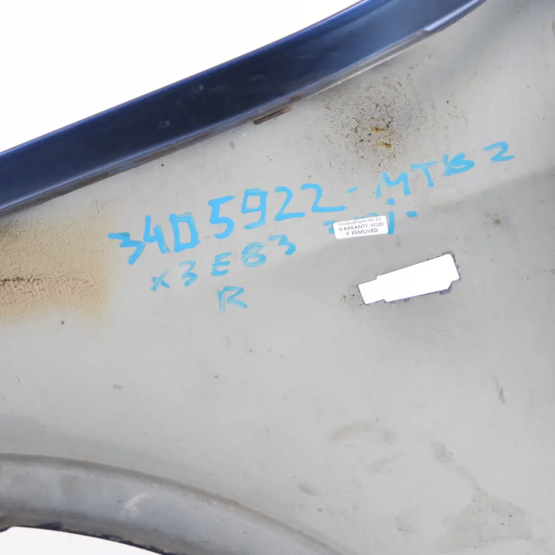 Fender Panel BMW X3 E83 Side Wing Front Right O/S Montegoblau Montego Blue - A51 to with Part number 3405922 Fender Panel BMW X3 E83 Side Wing Front Right O/S Montegoblau Montego Blue - A51 - SKU 3405922-MTB2 - Part number 3405922