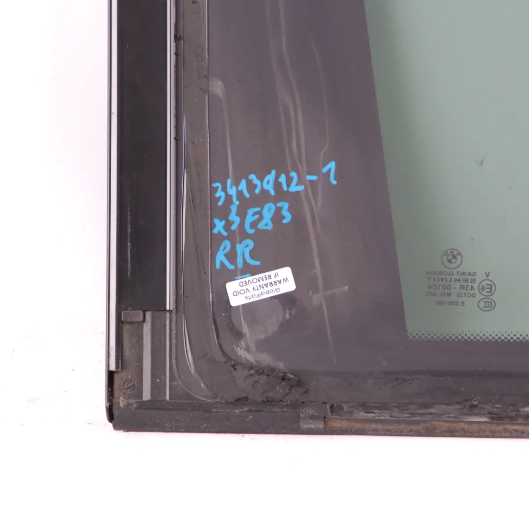 Fixed Door Window Glass Right Rear O/S Black AS3 Tinted to BMW X3 E83 with Part number 3413912 BMW X3 E83 Fixed Door Window Glass Right Rear O/S Black AS3 Tinted - SKU 3413912-1 - Part number 3413912