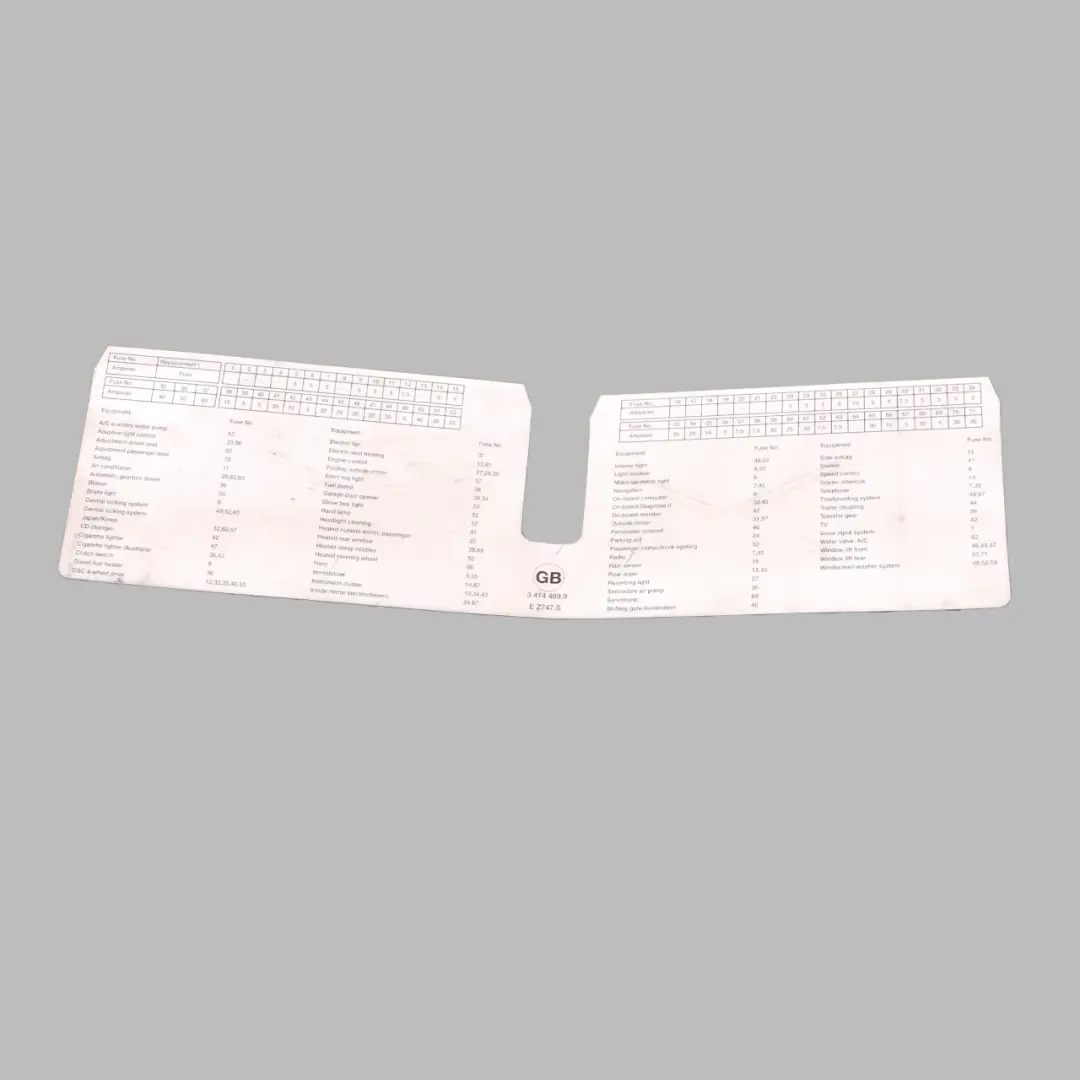 BMW X3 E83 Fuse Grouping Front Stick-on Label Diagram 9267980 - SKU 3414469 - Part number 3414469