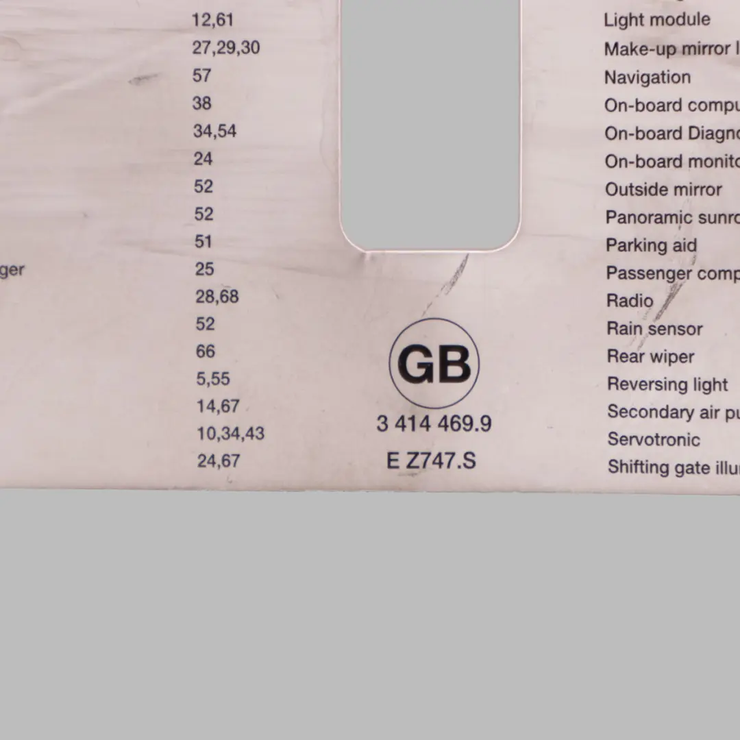 Fuse Grouping Front Stick-on Label Diagram 9267980 to BMW X3 E83 with Part number 3414469 BMW X3 E83 Fuse Grouping Front Stick-on Label Diagram 9267980 - SKU 3414469 - Part number 3414469