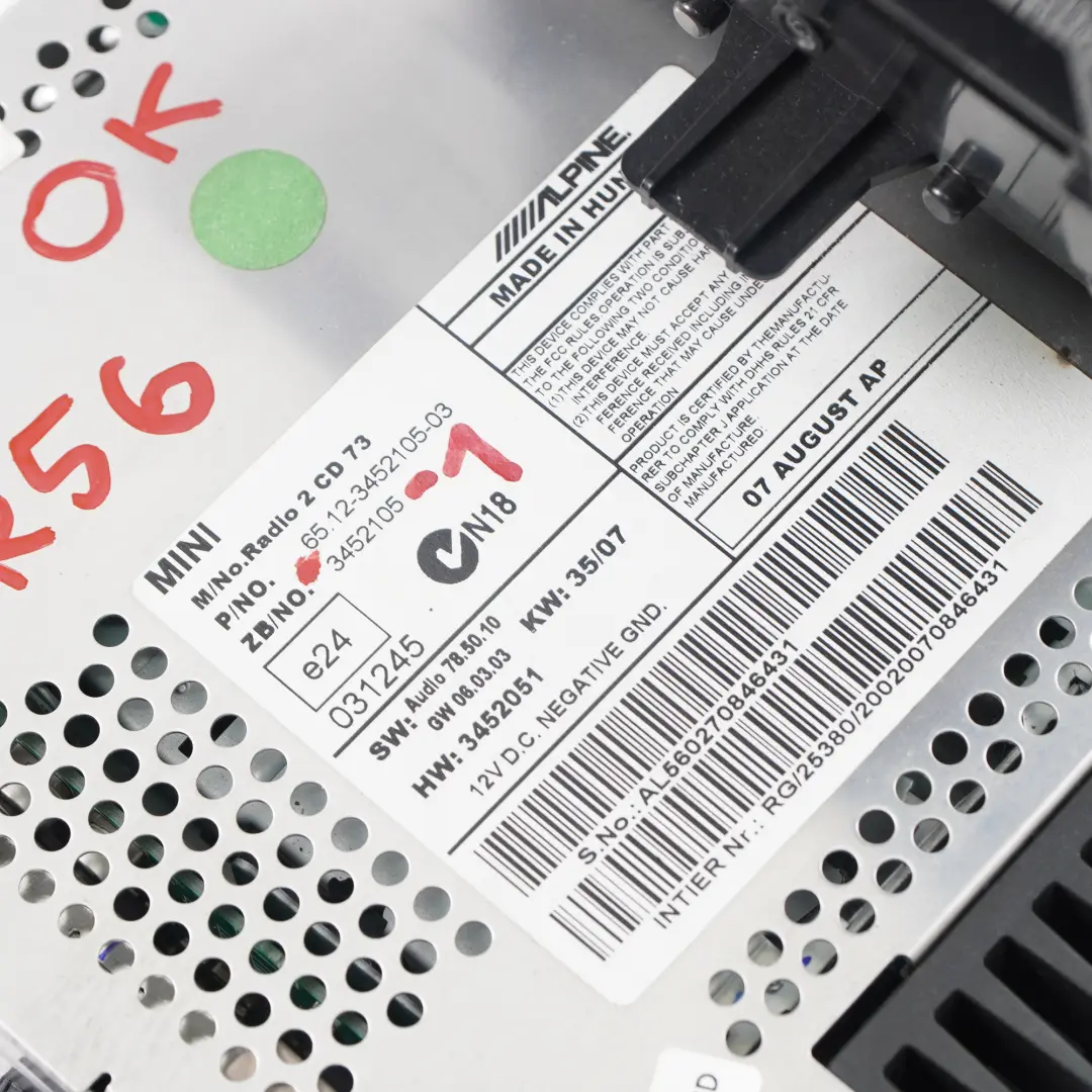Radio CD Unidad Principal para Mini Cooper One R55 R56 R57 con número de pieza 3452105 Mini Cooper One R55 R56 R57 Radio CD Unidad Principal - SKU 3452105-1 - Número de pieza 3452105