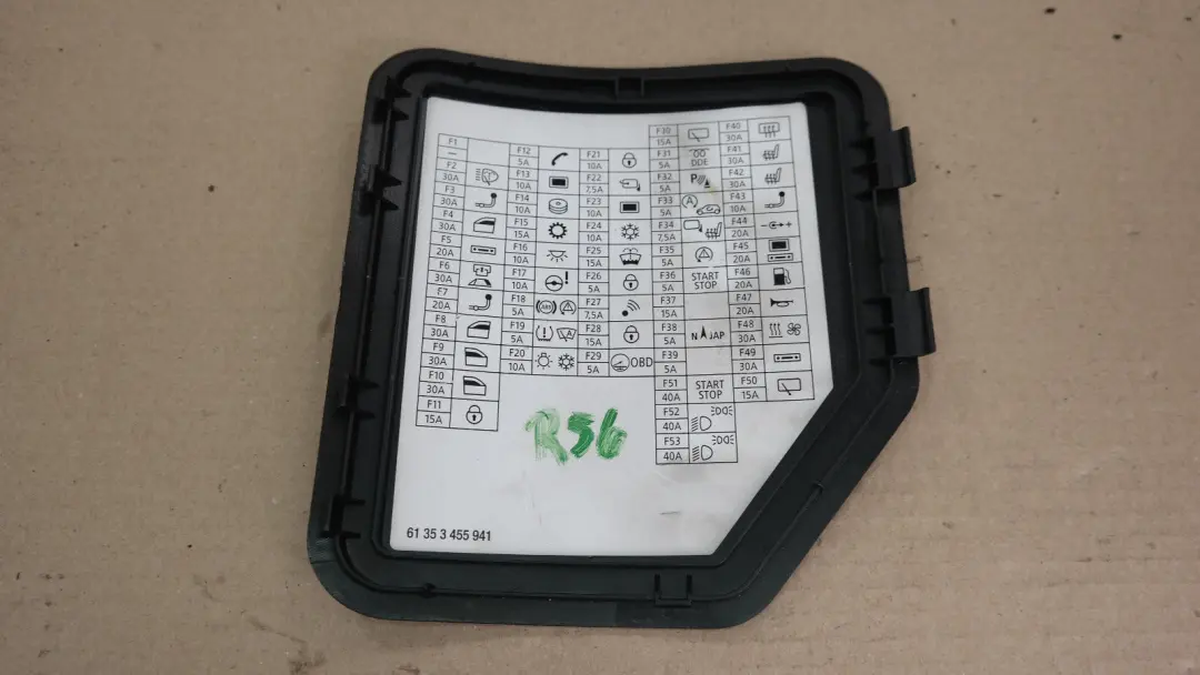 Mini One Cooper R56 R55 LCi FUSE BOX LABEL TRIM COVER - SKU 3455941 - Part number 61353455941