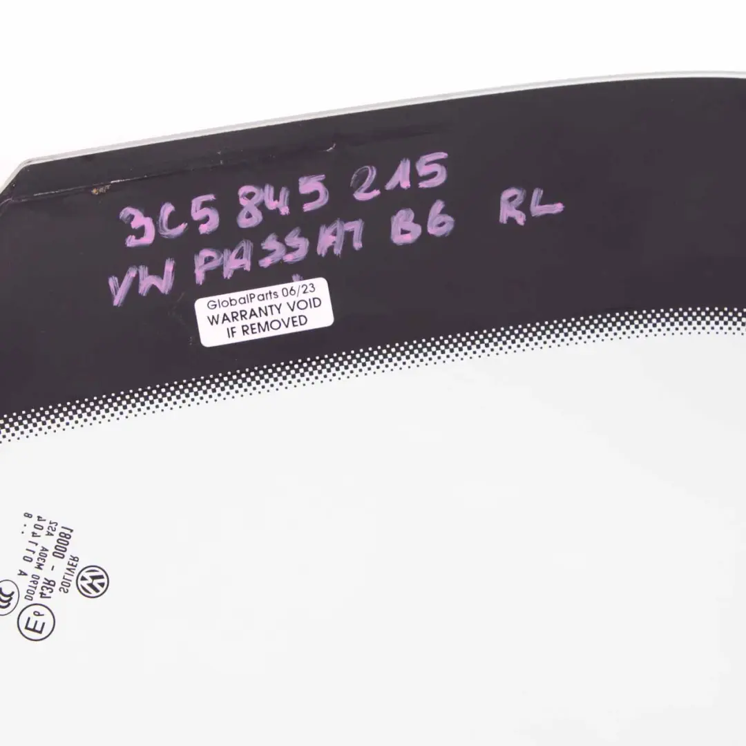 Window Glass Rear Door Left N/S Quarter AS2 to Volkswagen VW Passat B6 with Part number 3C5845215 Volkswagen VW Passat B6 Window Glass Rear Door Left N/S Quarter AS2 - SKU 3C5845215 - Part number 3C5845215