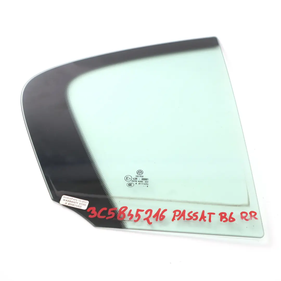 Cristal Puerta Trasera Derecha Cuarto AS2 para VW Volkswagen Passat B6 con número de pieza 3C5845216 VW Volkswagen Passat B6 Cristal Puerta Trasera Derecha Cuarto AS2 - SKU 3C5845216 - Número de pieza 3C5845216