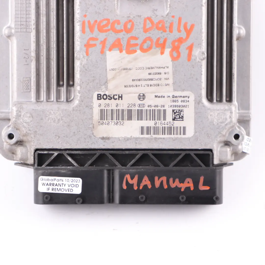 F1AE0481 Engine Unit Module ECU Manual to Iveco Daily 2.3 Diesel with Part number 504073032 Iveco Daily 2.3 Diesel F1AE0481 Engine Unit Module ECU Manual - SKU 504073032 - Part number 504073032