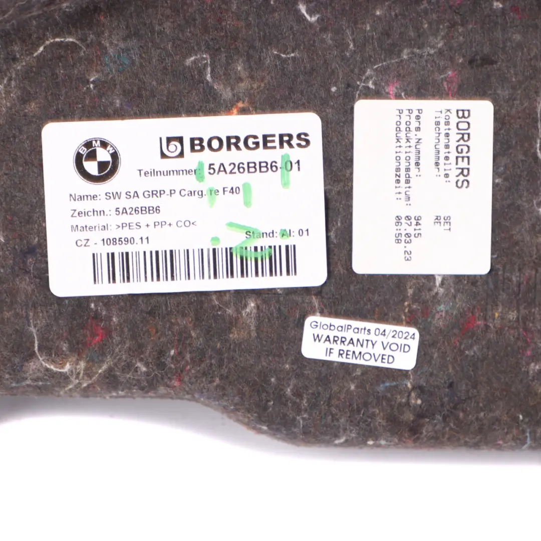 Boot Trunk Cover Rear Right O/S Trunk Lateral Trim Cover Panel to BMW F40 with Part number 5A26BB6 BMW F40 Boot Trunk Cover Rear Right O/S Trunk Lateral Trim Cover Panel - SKU 5A26BB6 - Part number 5A26BB6