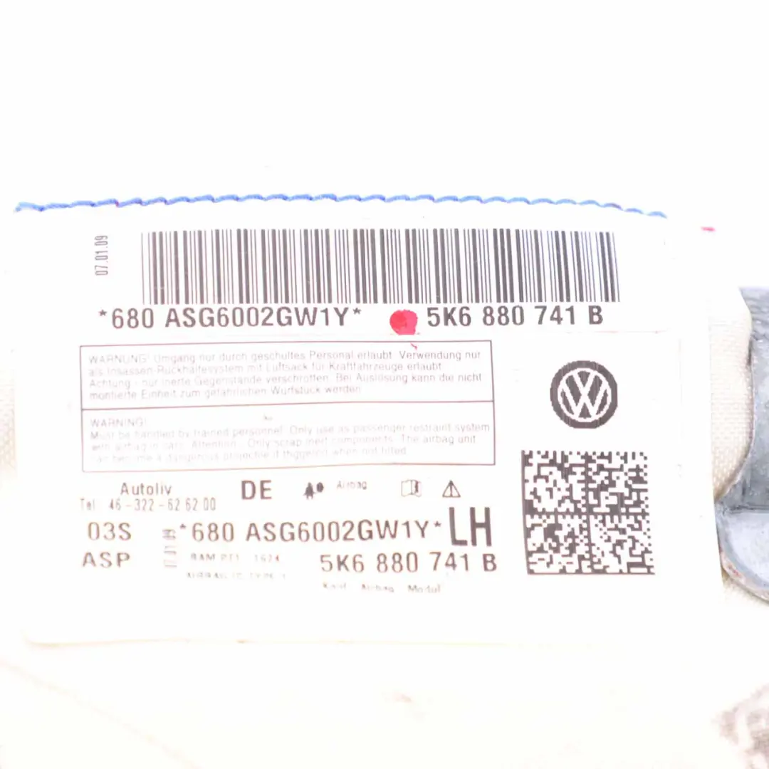VW Volkswagen Golf 6 Head Roof Airbag Curtain Left N/S Air Bag - SKU 5K6880741B - Part number 5K6880741B