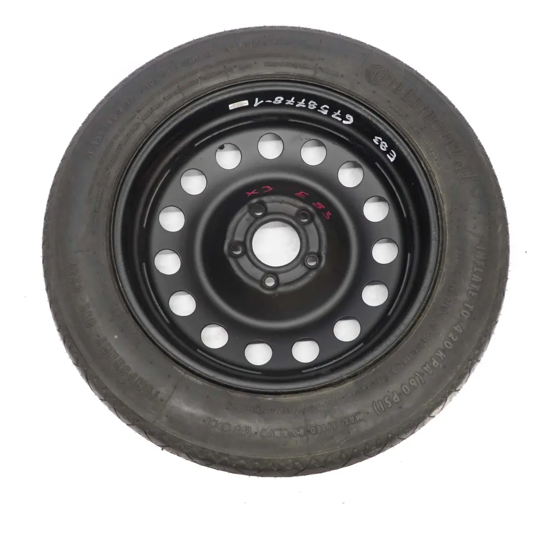 Notrad Stahl Schwarz 135/90 R17 4BX17 ET:18 für BMW X3 E83 mit Teilenummer 6758778 BMW X3 E83 Notrad Stahl Schwarz 135/90 R17 4BX17 ET:18 - SKU 6758778-1 - Teilenummer 6758778