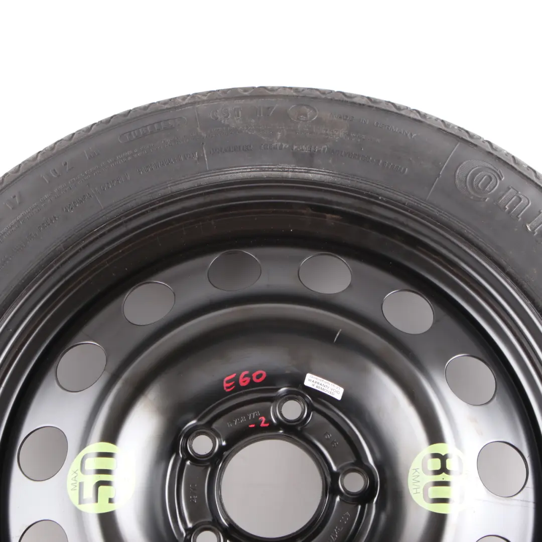 Roue Secours Compacte Acier Noir 135/80 R17 4BX17 ET:18 pour BMW E60 à propos du numéro de pièce 6758778 BMW E60 Roue Secours Compacte Acier Noir 135/80 R17 4BX17 ET:18 - SKU 6758778-2 - Numéro de pièce 6758778