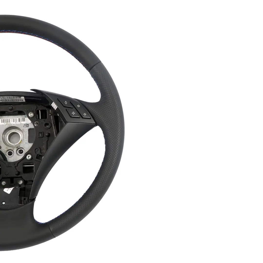 Leather Steering Wheel M-tricolored Threads to BMW 5 Series E60 E61 NEW Black with Part number 6763359 BMW 5 Series E60 E61 NEW Black Leather Steering Wheel M-tricolored Threads - SKU 6763359 - Part number 6763359