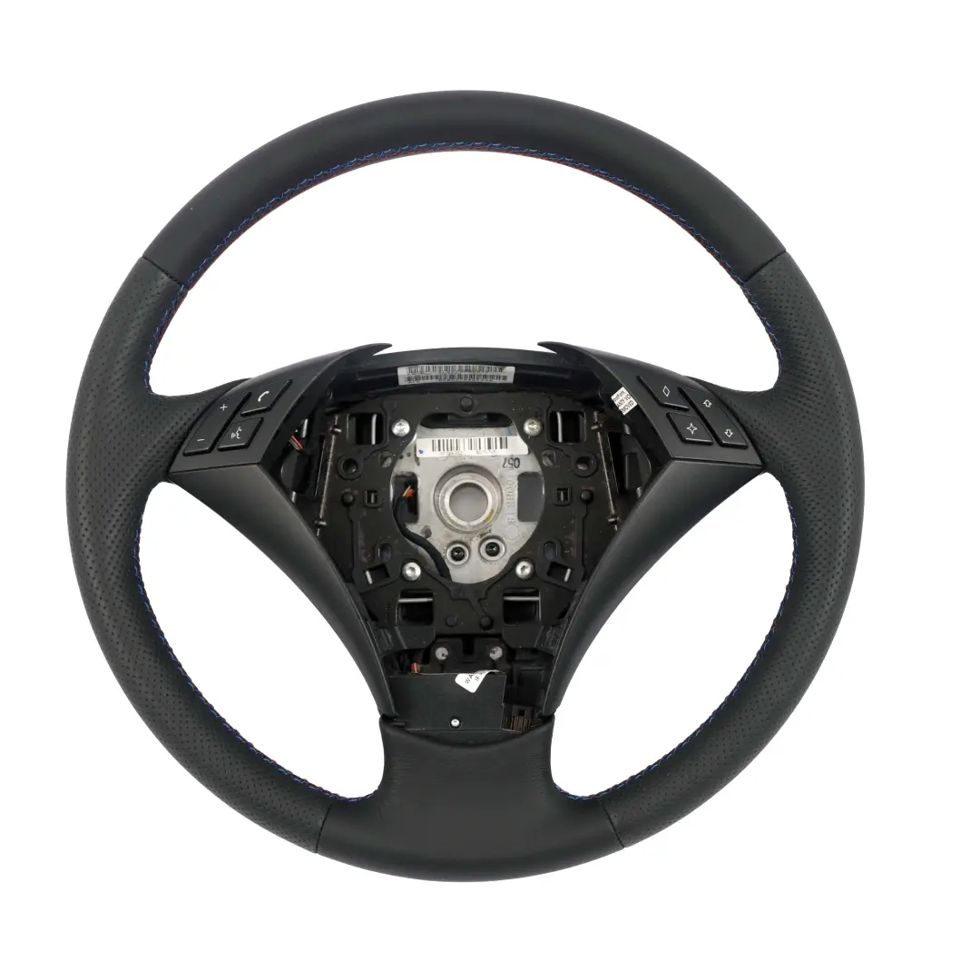 Leather Steering Wheel M-tricolored Threads to BMW 5 Series E60 E61 NEW Black with Part number 6763359 BMW 5 Series E60 E61 NEW Black Leather Steering Wheel M-tricolored Threads - SKU 6763359 - Part number 6763359